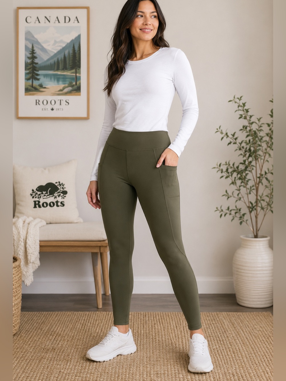 Roots Olive Green Performance Leggings Women’s Large High Rise Full Length